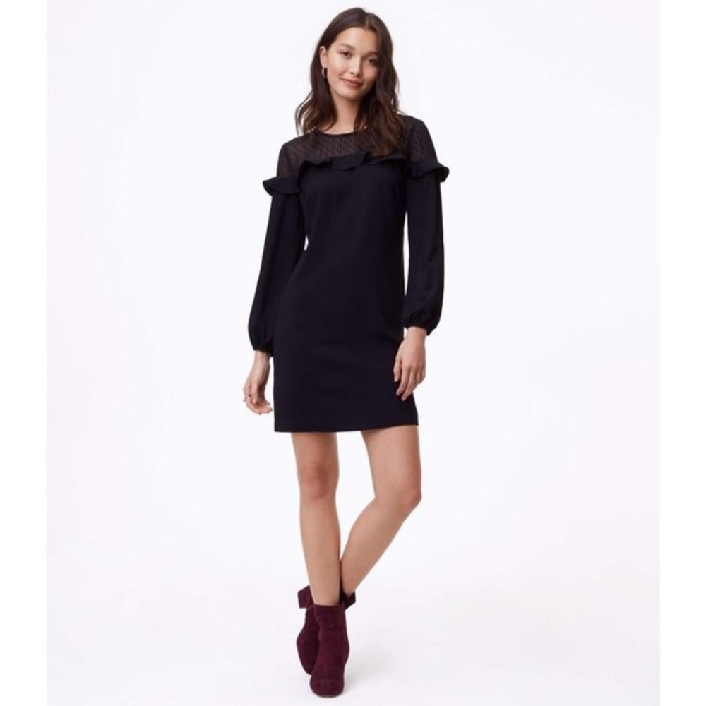 Loft Petites Black Dress, Sheer at Neck w/ ruffle